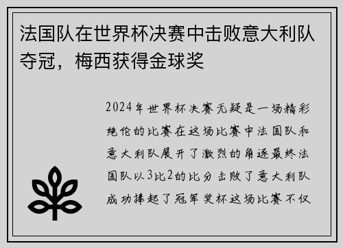 法国队在世界杯决赛中击败意大利队夺冠，梅西获得金球奖
